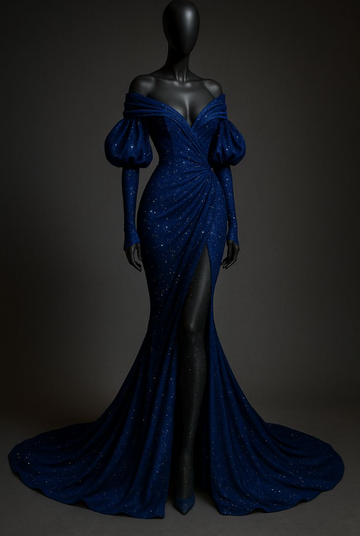 Niulatu Off-the-shoulder Mermaid Glitter Satin Long Prom Dresses, Blue Formal Evening Gowns HZ1026